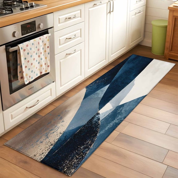 Abstract Geometric Runner Rug for Hallway 2x6ft, Dynamic Blue Gold Beige Art Non Slip Floor Mat Washable Low-Profile Indoor Carpet for Living Room, Bedroom, Dining Room