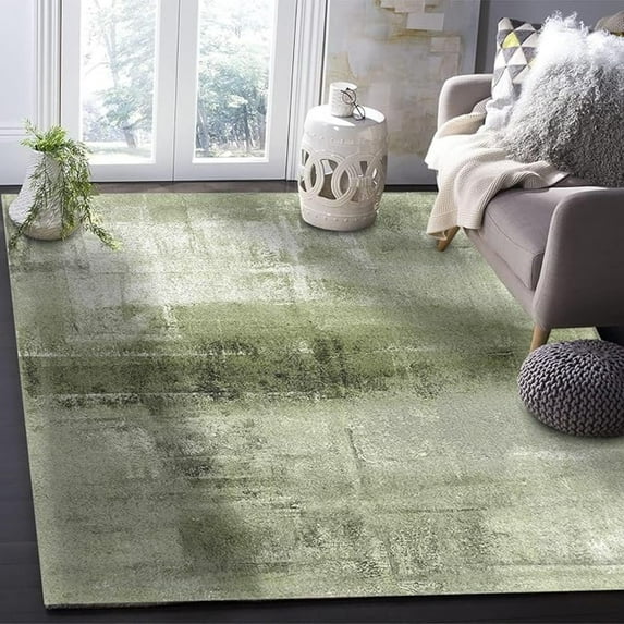 Abstract Geometric Sage Green Area Rug, Retro Green Oil Painting Texture Art Machine Washable Indoor Rugs, With Non-Slip Backing Carpet For Living Dining Dorm Room Bedroom Decor 4x5ft
