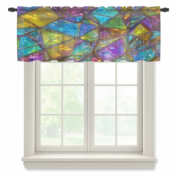 Abstract Geometric Semi Sheer Valance Curtains Rainbow Gradient Crystal Color Blocks Modern Voile Valances Curtain Rod Pocket Small Window Treatment for Kitchen Bathroom Cafe 42"x12"