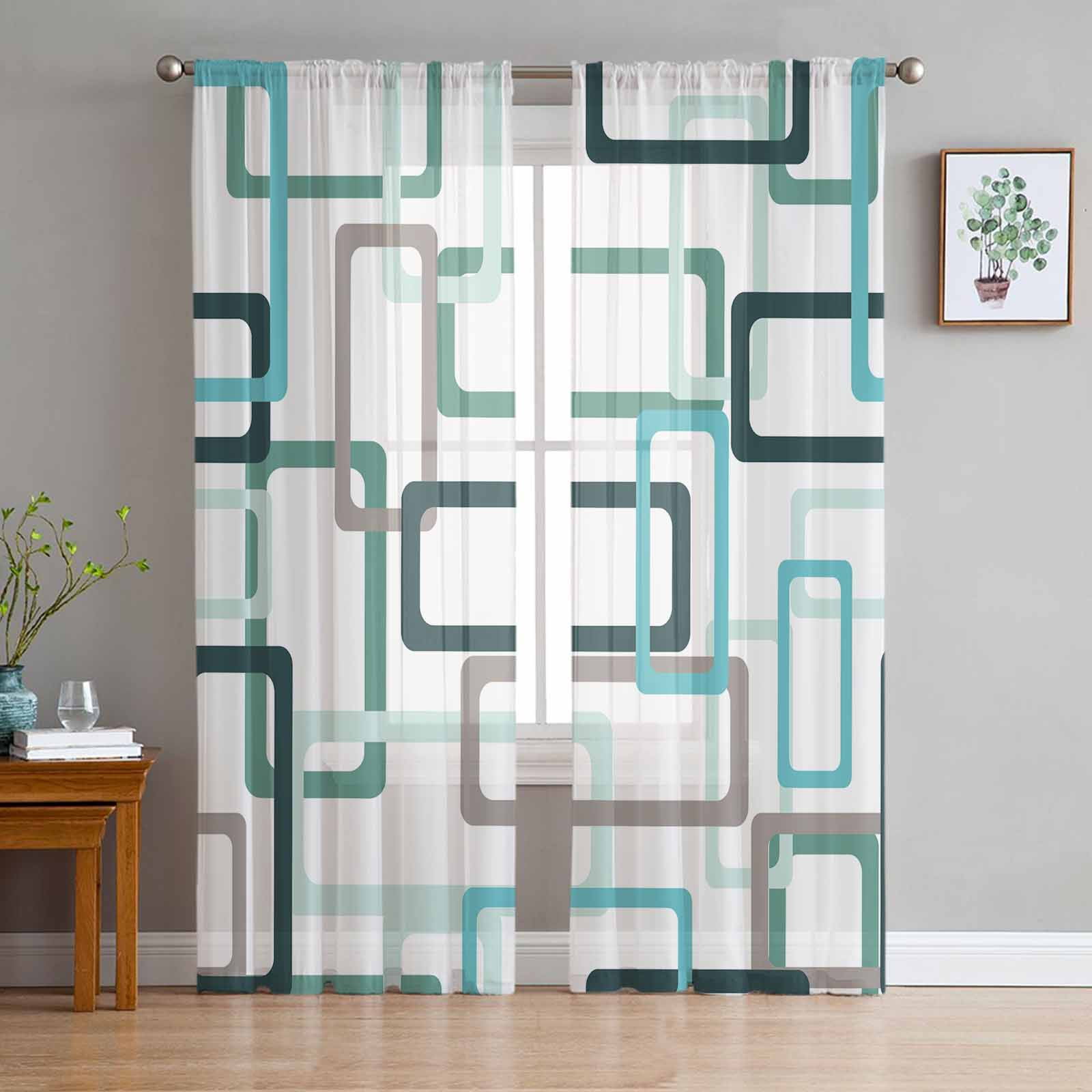 Abstract Geometric Shapes Blue Sheer Curtains for Living Room ration ...