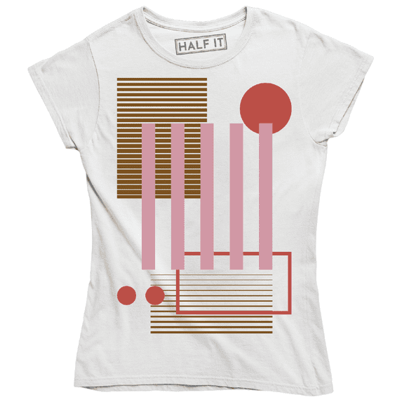 Abstract Geometric Shapes Lines Rectangles Circles In Red Pink And Orange T-Shirt