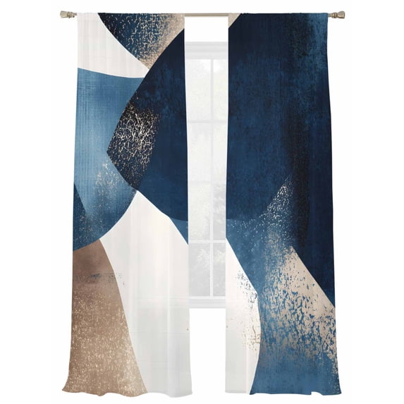 Abstract Geometric Sheer Curtains 108 Inch Long 2 Panels, Dynamic Blue Gold Art Light Filtering Rod Pocket Curtains, Sheer Voile Drapes for Living Room Bedroom, 52"x108"