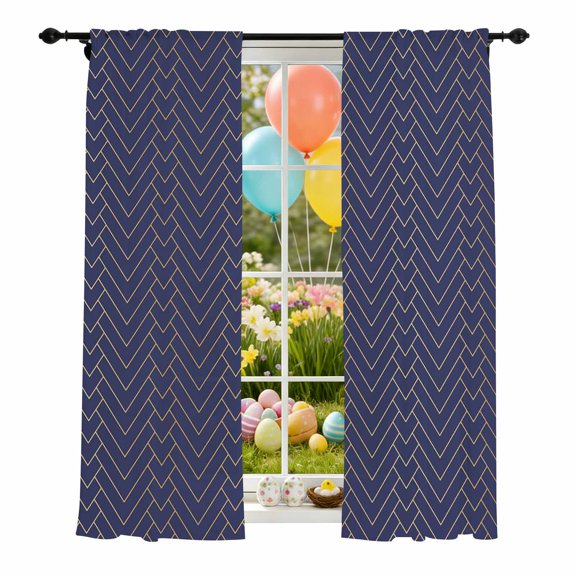 Abstract Geometric Sheer Curtains 108 Inch Long Rod Pocket Semi Transparent Light Filtering Window Drapes for Kitchen Bedroom Living Room,2 Panels, Navy Blue Gold Minimalist Herringbone Pattern