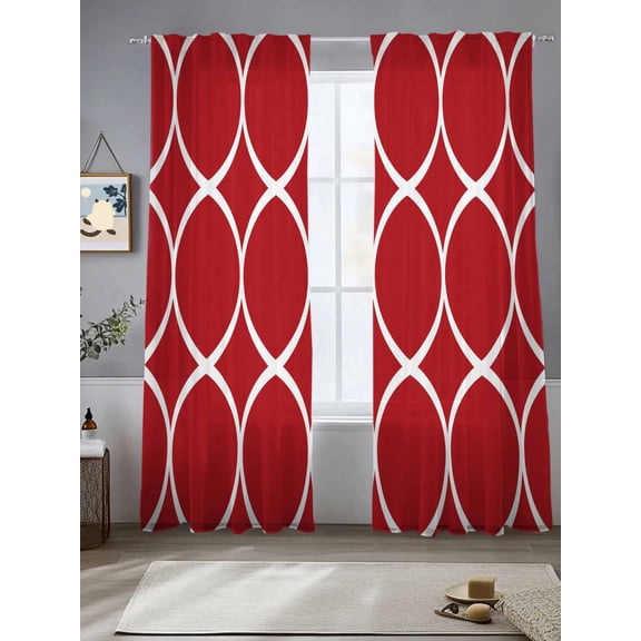 Abstract Geometric Sheer Curtains 108 Inches Long 2 Panels White Twisted Lines Red Background Light Filtering Semi Sheer Window Curtains Drapes for Bedroom Living Room 52"x108"