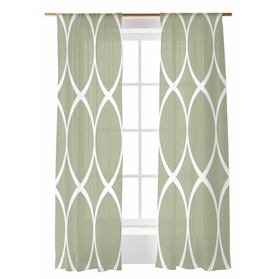 Abstract Geometric Sheer Curtains 2 Panels Set White Twisted Lines Green Background Lihgt Filtering Rod Pocket Voile Drape, Semi Sheer Window Curtains for Bedroom Living Room, 52"x108"