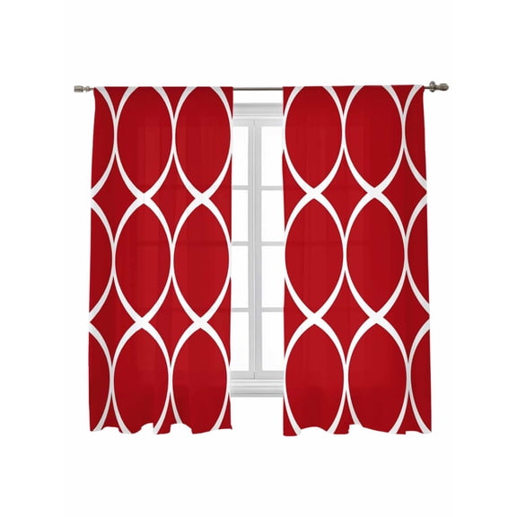 Abstract Geometric Sheer Curtains 2 Panels Set White Twisted Lines Red Background Lihgt Filtering Rod Pocket Voile Drape, Semi Sheer Window Curtains for Bedroom Living Room, 52"x72"