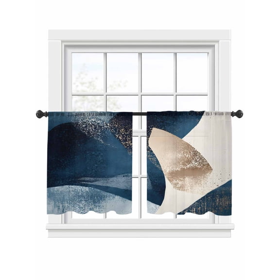 Abstract Geometric Sheer Curtains 45 Inch Long 2 Panels, Dynamic Deep Blue Gold Art Light Filtering Rod Pocket Curtains, Sheer Voile Drapes for Living Room Bedroom, 52"x45"