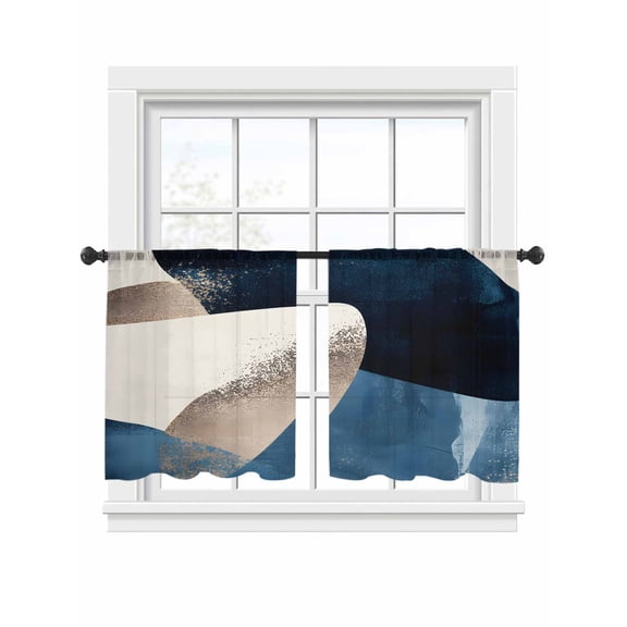 Abstract Geometric Sheer Curtains 45 Inch Long 2 Panels, Dynamic Gold Deep Blue Art Light Filtering Rod Pocket Curtains, Sheer Voile Drapes for Living Room Bedroom, 52"x45"