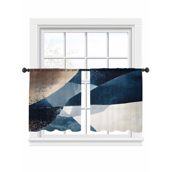 Abstract Geometric Sheer Curtains 45 inches Long 2 Panels Set Dynamic Blue Gold Beige Art Tiers Sheers Rod Pocket Small Window Short Curtains for Kitchen Cafe, Each 52" W x 45" L