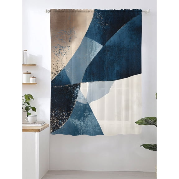 Abstract Geometric Sheer Curtains 63 Inch Long 1 Panel Dynamic Blue Gold Beige Art Light Filterring Curtain Drapes Rod Pocket Voile Window Curtain for Living Room Bedroom 52" x 63"