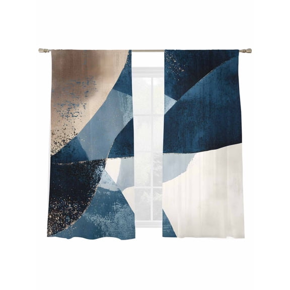Abstract Geometric Sheer Curtains 72 Inch Long 2 Panels, Dynamic Blue Gold Beige Art Light Filtering Rod Pocket Curtains, Sheer Voile Drapes for Living Room Bedroom, 52"x72"