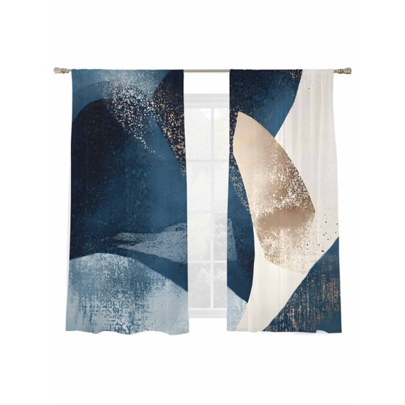 Abstract Geometric Sheer Curtains 72 Inch Long 2 Panels, Dynamic Deep Blue Gold Art Light Filtering Rod Pocket Curtains, Sheer Voile Drapes for Living Room Bedroom, 52"x72"