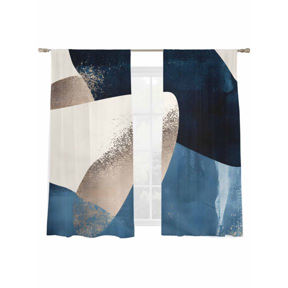 Abstract Geometric Sheer Curtains 72 Inch Long 2 Panels, Dynamic Gold Deep Blue Art Light Filtering Rod Pocket Curtains, Sheer Voile Drapes for Living Room Bedroom, 52"x72"