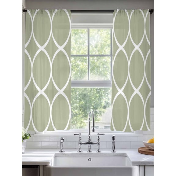 Abstract Geometric Sheer Curtains 72 Inches Long 2 Panels White Twisted Lines Green Background Light Filtering Semi Sheer Window Curtains Drapes for Bedroom Living Room 52"x72"