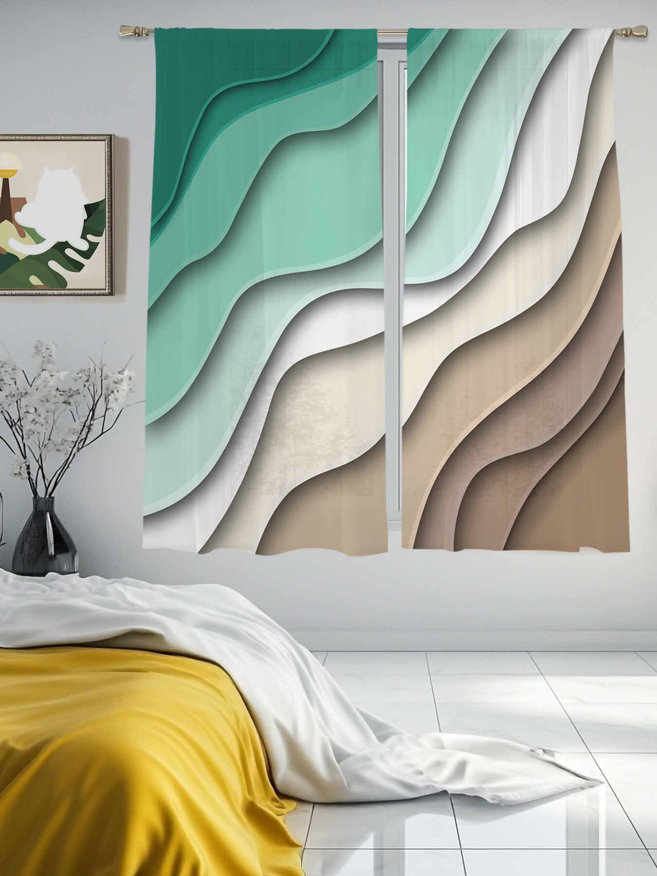 Abstract Geometric Sheer Curtains 72 inches Long 2 Panels Set Green ...