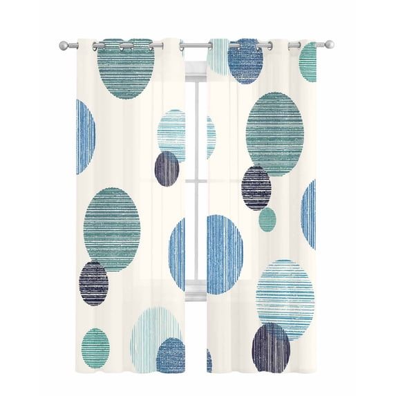 Abstract Geometric Sheer Curtains 84 Inch Length 2 Panels Set for Living Room/Bedroom, Farmhouse Vintage Polka Dot Teal Blue Kitchen Curtains Grommet Semi-Sheer Curtains Window Treatments 52"x84"x2