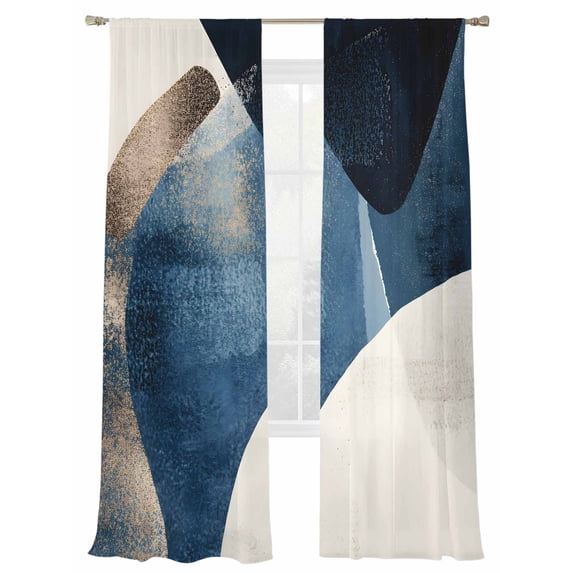 Abstract Geometric Sheer Curtains 84 Inch Long 2 Panels, Blue Gold Black Dynamic Texture Light Filtering Rod Pocket Curtains, Sheer Voile Drapes for Living Room Bedroom, 52"x84"