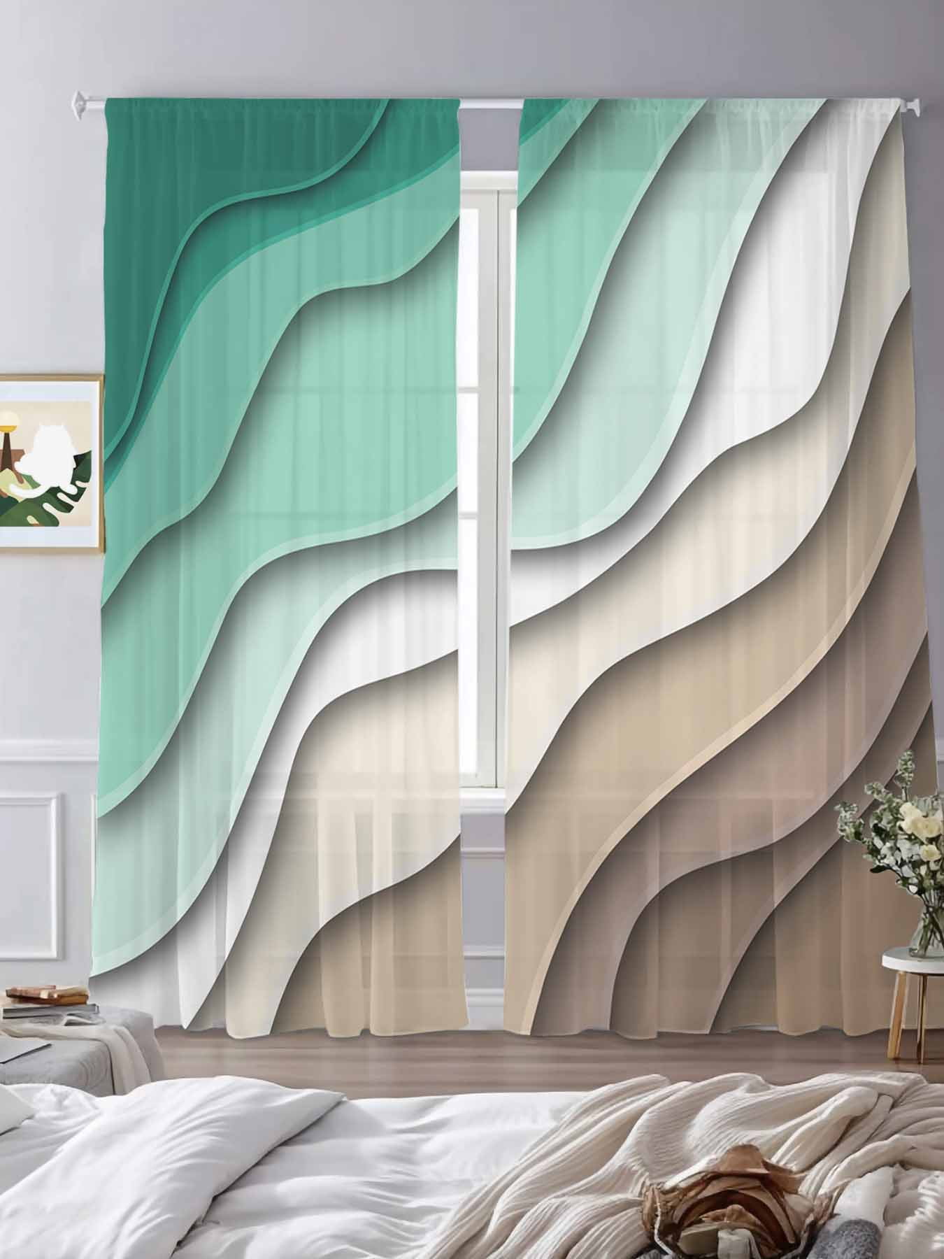 Abstract Geometric Sheer Curtains 84 inches Long 2 Panels Set Green ...