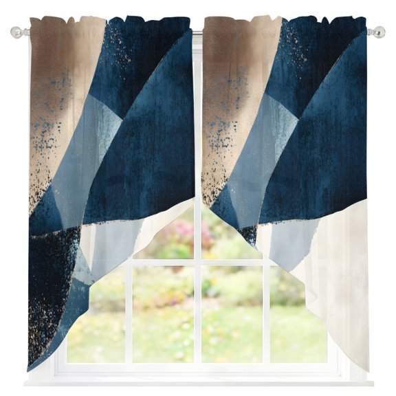 Abstract Geometric Sheer Curtains Swag Valances for Windows Dynamic Blue Gold Beige Art Rod Pocket Swag Curtain Small Window Curtain for Kitchen Living Room Bedroom, 1 Pair 28"W x 36"L