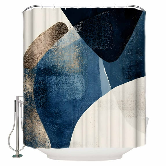 Abstract Geometric Shower Curtain, 48" x 72", Blue Gold Black Dynamic Texture Waterproof Bathroom Curtain Washable Shower Curtain Set with 12 Hooks