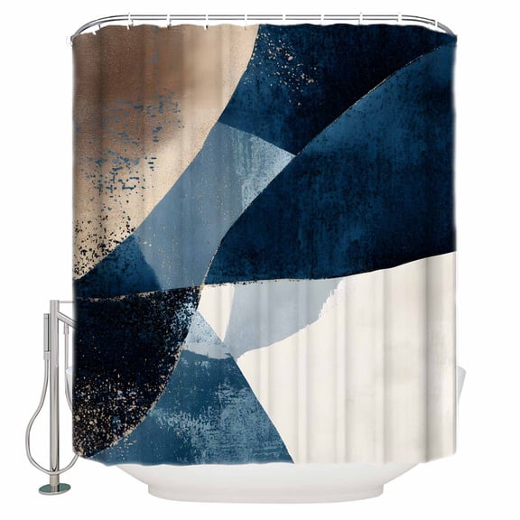Abstract Geometric Shower Curtain, 72" x 72", Dynamic Blue Gold Beige Art Waterproof Bathroom Curtain Washable Shower Curtain Set with 12 Hooks