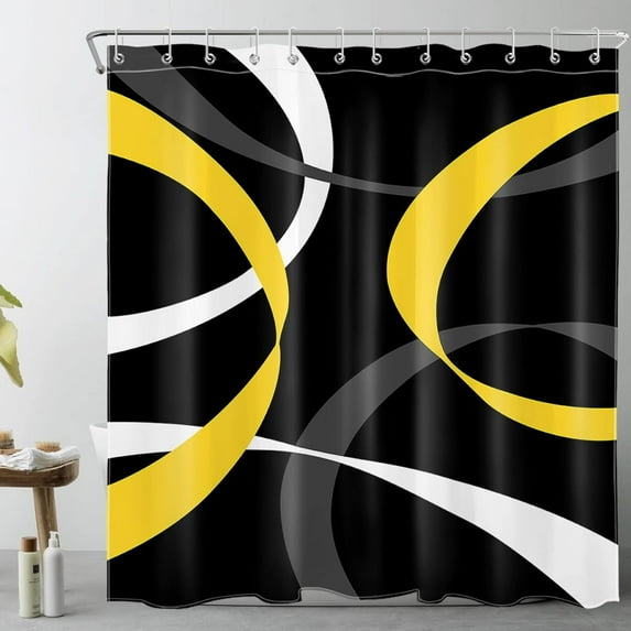 Abstract Geometric Shower Curtain for Bathroom,Yellow Grey and White Striped on Black Background Fabric Shower Curtain with Hooks,Modern Aesthetic Bathroom Curtains Shower Set,72x84 inches