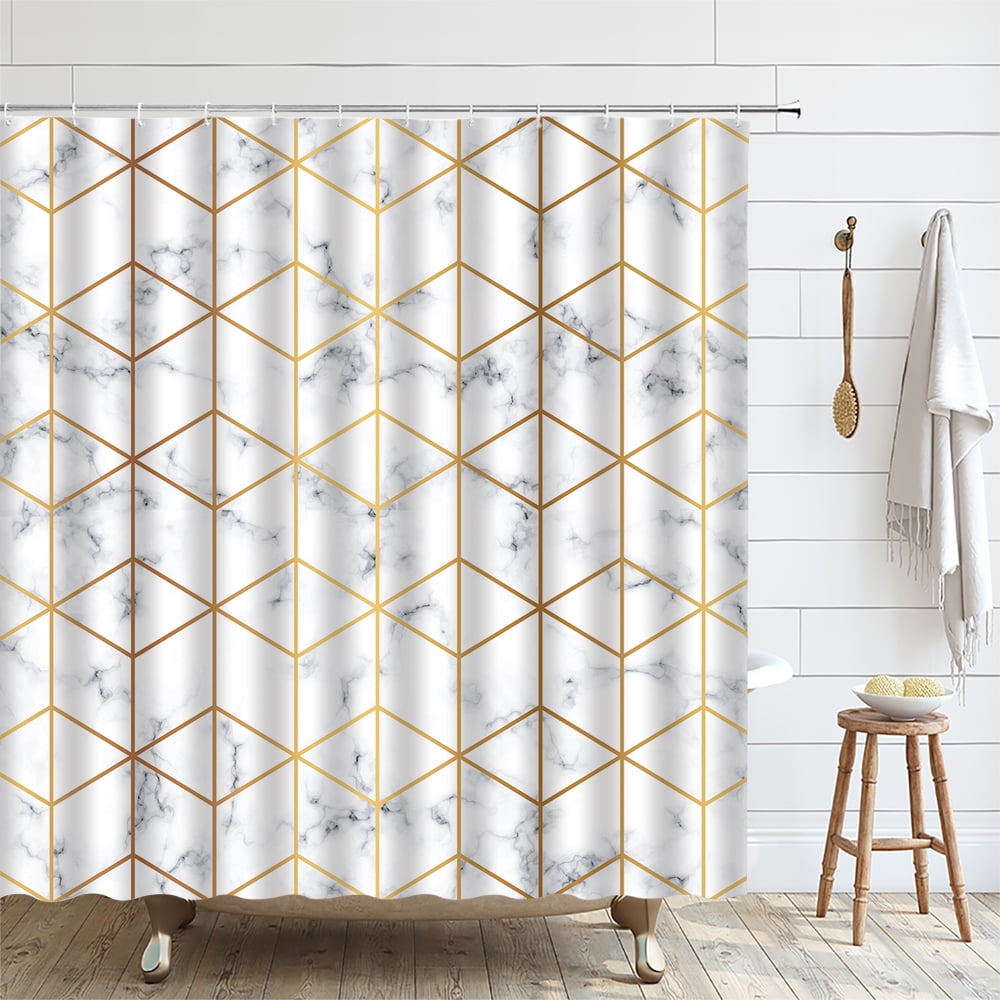 Abstract Geometric Shower Curtain Blue Gold Triangle Striped Tile