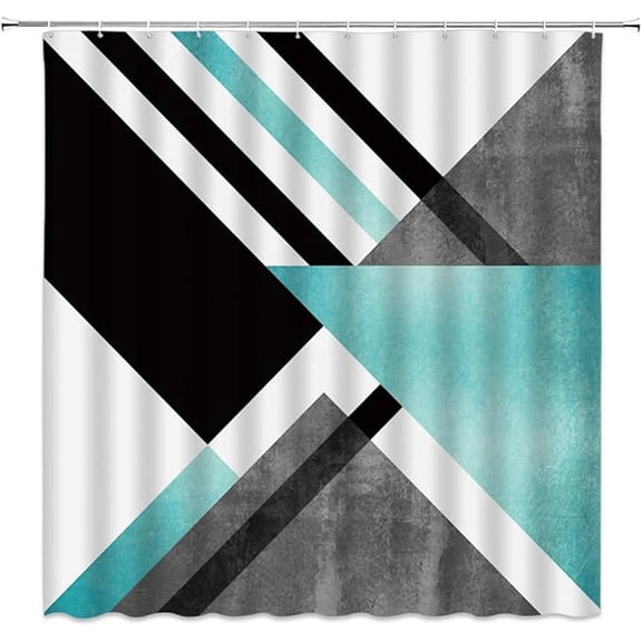 Abstract Geometric Shower Curtain Cyan Black White Geometry Triangle Striped Pattern Tile Marble Lines Modern Art Design Unique Fabric Bathroom Decor Set With Hooks 36"W x 72"L
