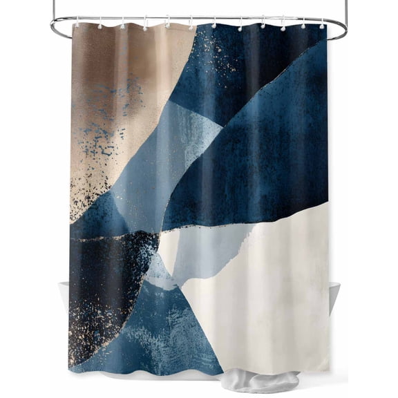 Abstract Geometric Shower Curtain, Dynamic Blue Gold Beige Art Waterproof Shower Curtain Set with 12 Hooks Lightweight Washable Fabric Shower Curtains for Bathroom 36x72 Inches