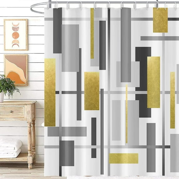 Abstract Geometric Shower Curtain Modern Gold and Grey Rectangle Space Pattern Design for Minimalist Bathroom Decor Accessories Shower Curtain Set with 12 Hooks, 72x84 Inches