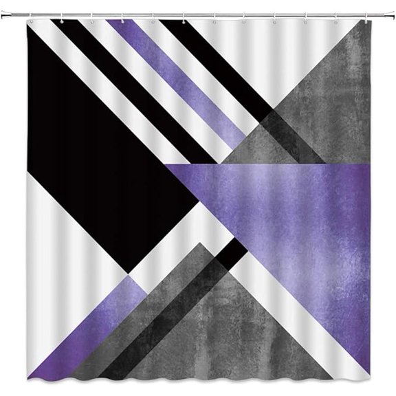 Abstract Geometric Shower Curtain Purple Black White Geometry Triangle Striped Pattern Tile Marble Lines Modern Art Design Unique Fabric Bathroom Decor Set With Hooks 36"W x 72"L