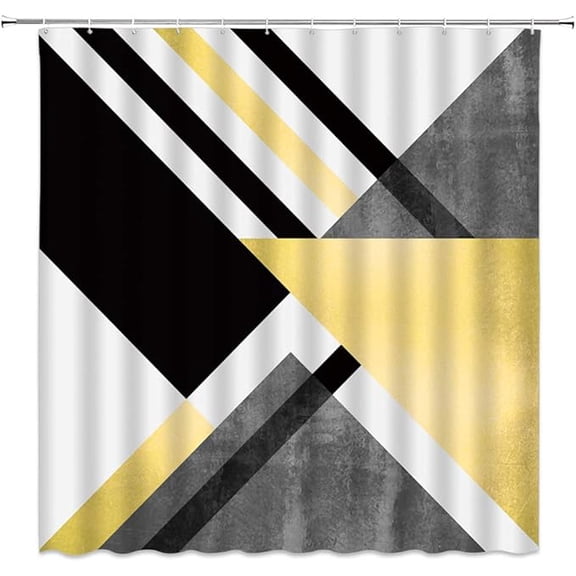 Abstract Geometric Shower Curtain Yellow Black White Geometry Triangle Striped Pattern Tile Marble Lines Modern Art Design Unique Fabric Bathroom Decor Set With Hooks 36"W x 72"L
