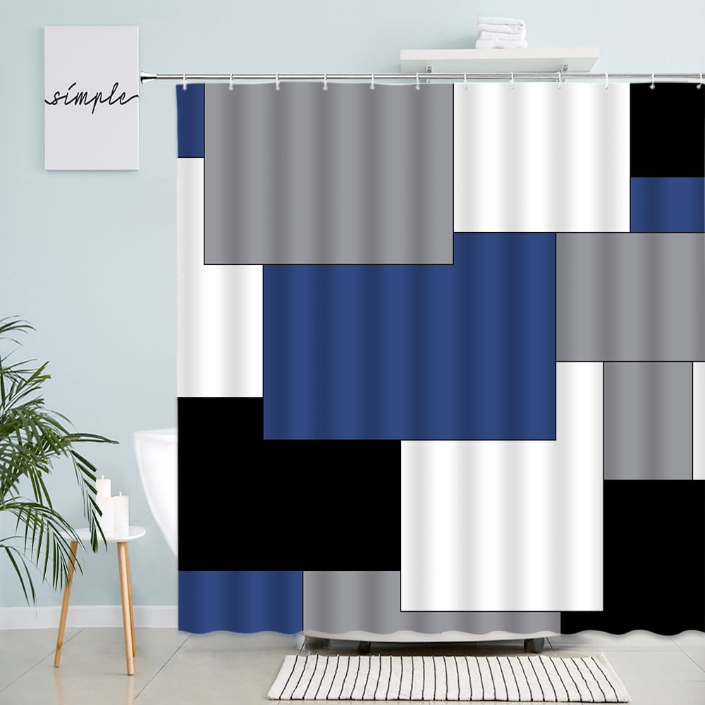 Abstract Geometric Shower Curtains Blue Black Gray White Square Stripes