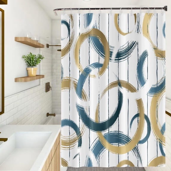 Abstract Geometric Shower Curtains Blue Brown Circle Round Pattern Polyester Fabric Bath Curtains Waterproof for Modern Bathroom Decor Set with Hooks, 72W x 84H Inch