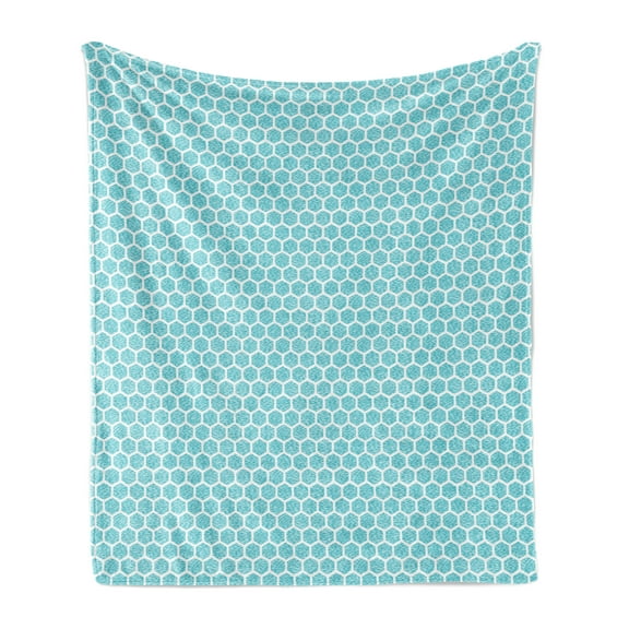 Abstract Geometric Soft Flannel Fleece Throw Blanket, Monochrome Pattern of Symmetric Aquatic Honeycomb Hexagons Repetition, Cozy Plush for Indoor and Outdoor Use, 60" x 80", Aqua White, by Ambesonne