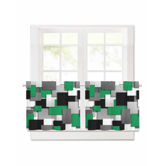 Abstract Geometric Square Art Short Blackout Curtains 30 Inch Long,Modern Green Gray Black Grid Rod Pocket Kitchen Curtains,2 Panels Thermal Insulated Room Darkening Drapes for Bedroom,30"W x 30"L