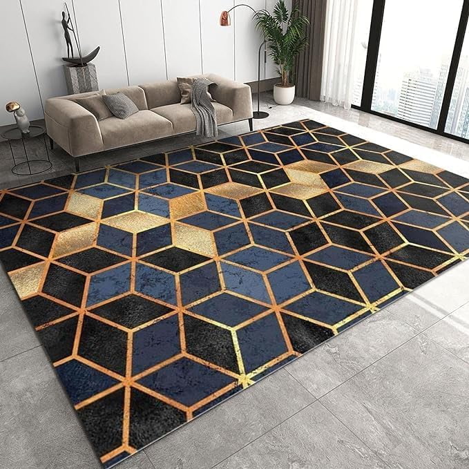 Abstract Geometric Square Honeycomb Print Area Rug, Gradient Black Gold ...
