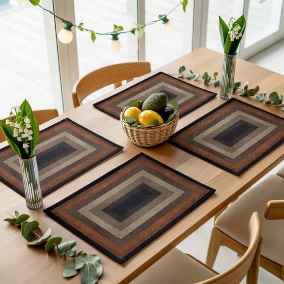 Abstract Geometric Square Placemats Set of 4,Wipeable Washable Table Mats for Dining Tables, Black Brown Wood Grain Texture Place Mats for Kitchen Event Party Tabletop Decor