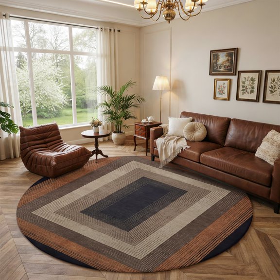 Abstract Geometric Square Round Area Rug 5ft, Washable Non-Slip Low Pile Rug Black Brown Wood Grain Texture Soft Non-Slip Carpet, Indoor Carpet for Entryway Bedside Dorm