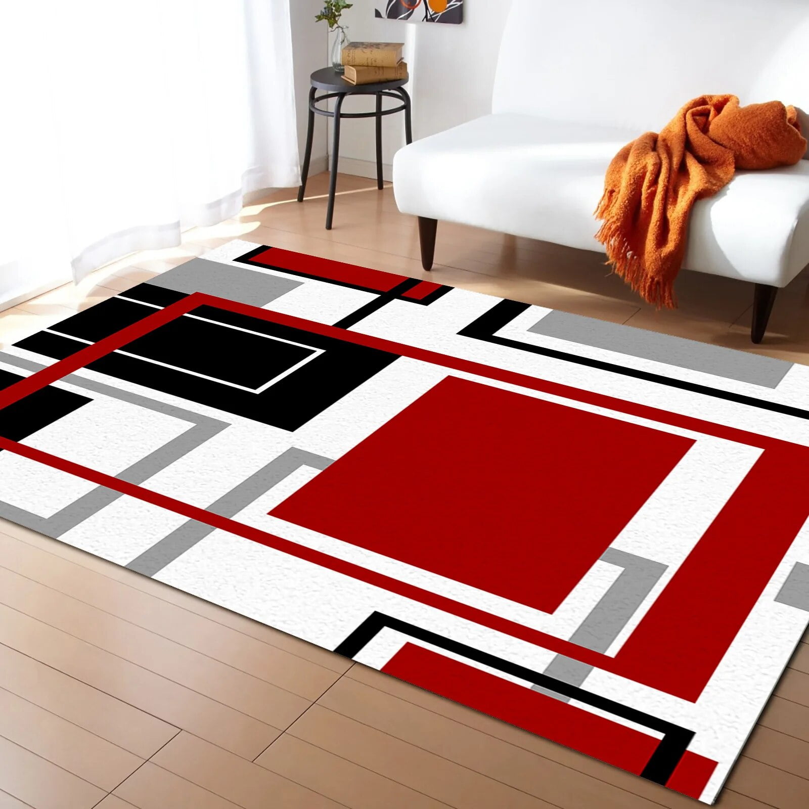 Abstract Geometric Squares Art Black Red Carpet Area Rug Kids Room ...