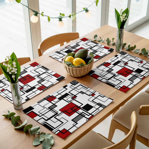 Abstract Geometric Squares Placemats Set of 4,Wipeable Washable Table Mats for Dining Tables, Black Red Modern Line Art Place Mats for Kitchen Event Party Tabletop Decor