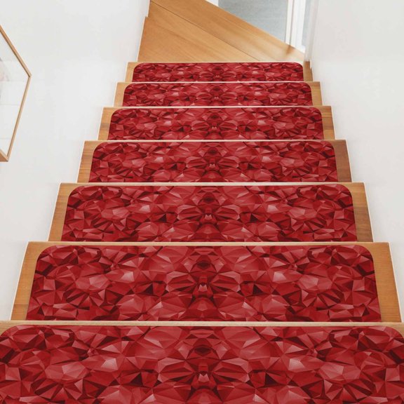 Abstract Geometric Stair Treads Non Slip for Steps Red Modern Artificial Shape Artificial 4 Pcs Reusable Adhesive Stair Runner Mats for Dogs Elders Carpet Treads Rugs for Staircase 8x30 In