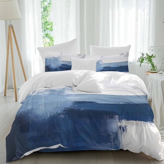Abstract Geometric Stitching 4 Piece Duvet Cover Set California King Size Retro Blue White Soft Bedding Set Comforter Cover, 1 Duvet Cover 1 Flat Sheets and 2 Pillowcases