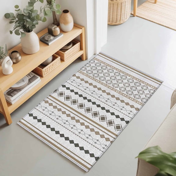 Abstract Geometric Stripe Rectangle Area Rug 2x3ft,Living Room Rug Non-Slip Washable Circle Rugs Pad,Retro Boho Aztec Linen Texture Soft Floor Carpet for Bedroom Dining Room
