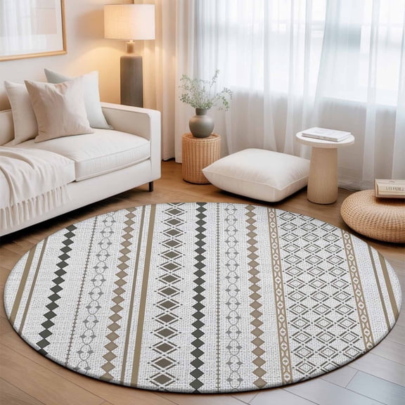 Abstract Geometric Stripe Round Rug 5ft Retro Boho Aztec Linen Texture Washable Area Rugs for Living Room Bedroom Entryway Non Slip Entrance Door Mat Indoor Floor Carpet