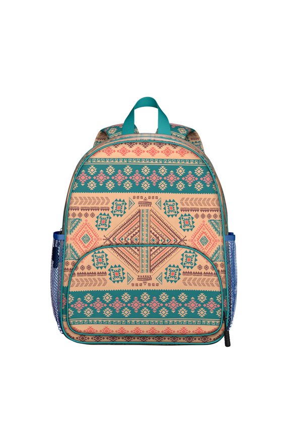 Abstract Geometric Student Backpack – Nordic Style Boho Backpack with Stripes, Plaid, Symmetrical Tribal Ethnic Print, Artistic Minimalist Design