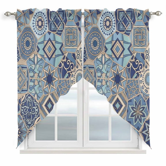 Abstract Geometric Swag Curtain Valance for Window 2 Panels Blue Yellow Flower Polygon Patchwork Art Rod Pocket Small Window Swag Valances for Kitchen Bedroom Bathroom 28" W x 36" L