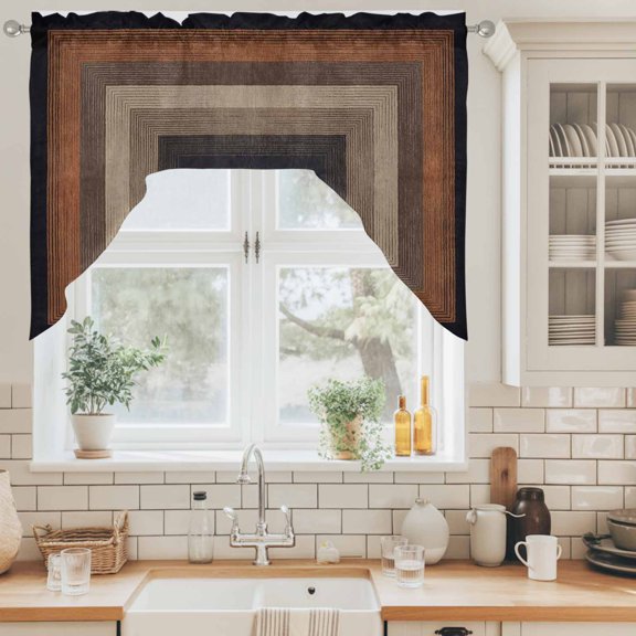 Abstract Geometric Swag Curtain Valance for Windows, Black and Brown Wood Grain Texture Border Swag Curtains Drapes Rod Pocket for Kitchen Bathroom Small Window, 1 Panel 56x36in