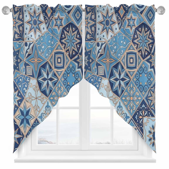 Abstract Geometric Swag Kitchen Curtain Valances, Blue Yellow Flower Checkered Patchwork Rod Pocket Curtains Window Treatment Decor Valances for Bedroom Bathroom, 2 Panels 36 x 36 Inch