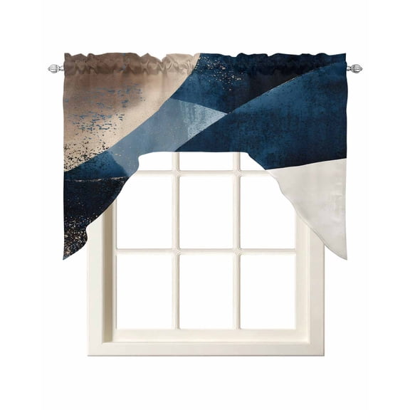 Abstract Geometric Swag Valance and Tier Curtains Set Dynamic Blue Gold Beige Art Kitchen Curtains 3 Piece Set Rod Pocket Panels for Bedroom Cafe 56x36 inch